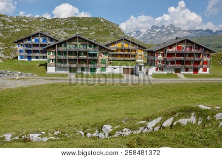 Melchsee-frutt, Switzerland - 4 August 2018: Chalets At Melchsee-frutt On The Swiss Alps