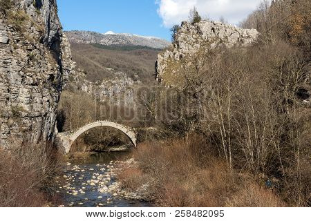 Landscape Of Ancient Bridge Of Kontodimos Or Lazaridis In Vikos Gorge And Pindus Mountains, Zagori, 