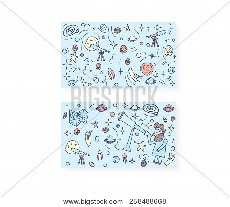 Vector Design Of Astronomer And Astronomic Objects.