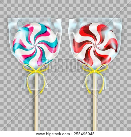Two Round Striped Lollipops Packed In Transparent Cellophane Bags Or Packs With Yellow Decorative Ta