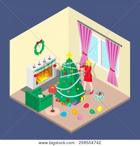 A Girl Is Decorating A Christmas Tree.