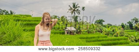Young Woman Traveler On Beautiful Jatiluwih Rice Terraces Against The Background Of Famous Volcanoes