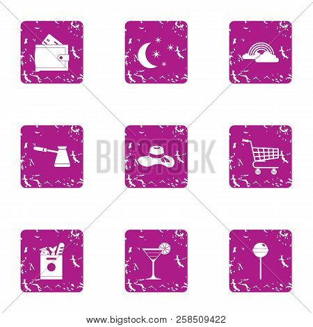 Convenience Store Icons Set. Grunge Set Of 9 Convenience Store Vector Icons For Web Isolated On Whit