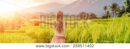 Young Woman Traveler On Beautiful Jatiluwih Rice Terraces Against The Background Of Famous Volcanoes