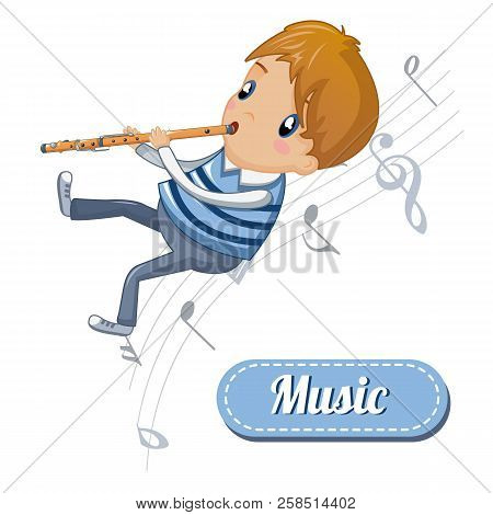 Boy Play At Flute Concept Background. Cartoon Illustration Of Boy Play At Flute Vector Concept Backg