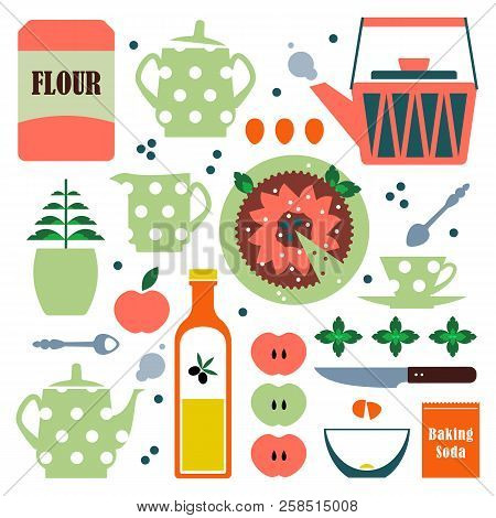 Vector Retro Set Kitchen Utensils. Cooking Tools Flat Style. Cook Equipment Isolated Objects.