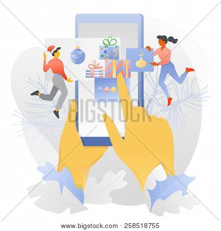 Vector Illustration Of Big Hands With Smartphone And Tiny Cople Nearby. New Year Template For Online