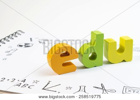 Wooden Toy Edu On Notebook With Drawing Doodle For Education. Education And School Background For St