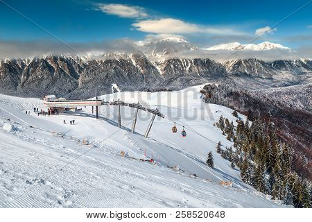 Amazing Winter Landscape With Snowy Trees And Spectacular Ski Slopes In Prahova Valley, Azuga Ski Re