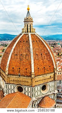 Large Dome Golden Cross Duomo Cathedral Church Florence Italy.  Finished 1400s.  Formal Name Cathedr