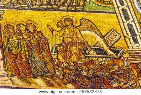 Florence, Italy - September 23, 2017 Angel Christ Resurrection Mosaic Dome Bapistry Saint John Duomo
