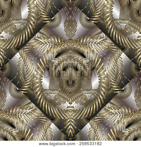 Intricate Abstract Gold 3d Vector Seamless Pattern. Modern Ornam