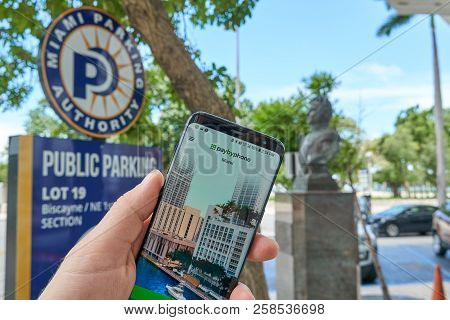Miami, Usa - August 22, 2018: Pay-by-phone Mobile App On A Phone Screen. Pay-by-phone Parking Allows