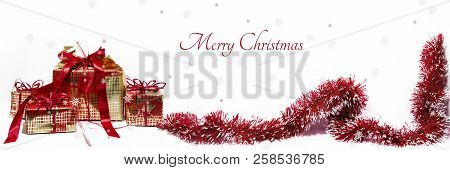 Christmas Decorations On White Table With Design Elements.