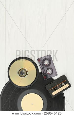 Vinyl Record, Compact Discs And Audio Cassettes. Vinyl Plate, Cd Discs, Cassette Tapes And Copy Spac