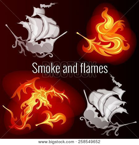 Sketch For A Poster On The Theme Of Fire And Smoke. Patterns In The Form Of Ships, The Dragon And Th