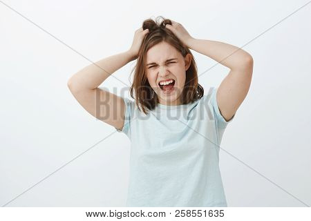Girl Hates Think Too Much. Displeased Distressed Young Upset European Woman With Brown Short Haircut