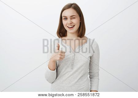 I Got Your Back Covered. Portrait Of Friendly Loyal And Optimistic Attractive Woman With Short Brown