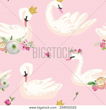 Beautiful Seamless Pattern With White Swans In Crowns, Use For Baby Background, Textile Prints, Cove