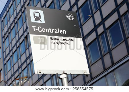 Stockholm, Sweden - September 13, 2018: Close Up Of The T-centralen Tram Stop Sign Operated By Line 