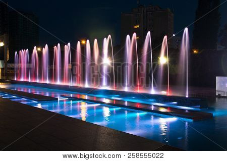 Gdansk, Poland - August 23, 2018: Water Fountain At European Solidarity Centre At Night.