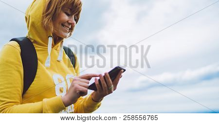 Woman Holding In Female Hands Gadget Technology, Tourist Young Girl On Backgroundblu Sky Using Mobil