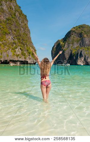 Happy woman raising arms and enjoying freedom on the top mountains on a sunny day. Sexy perfect fit body woman. Portrait of glamour lady enjoying her vacation. Beautiful seascape, travel, freedom. Back view