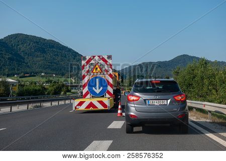 Highway A1, Near Vransko, Slovenia - 29 August 2018 - Roadbloack On Highway Diverting Cars Off Highw