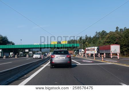 Highway A1, Near Vransko, Slovenia - 29 August 2018 - Cars Standing Still In Lines On Highway, A Car