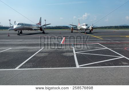 Brnik, Slovenia - August 23 2018: Remains Of Darvin Air Sa Flying As Adria Airways Switzerland. Two 