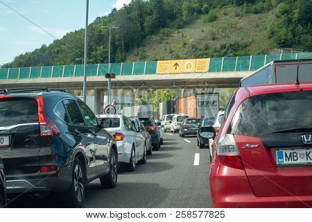Macelj, Gruskovje - Border Slovenia And Croatia, July 9 2018: Cars, Buses And Trucks Waiting To Cros