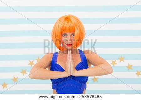 Namaste. Crazy Girl With Orange Hair Practicing Yoga. In Any Position. Concentrating On Purpose. Cra