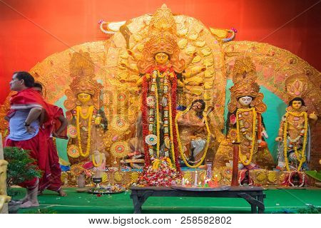 Kolkata , India - September 29, 2017 : Goddess Durga Idol Inside Decorated Durga Puja Pandal, Shot A