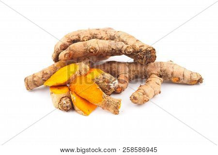 Fresh Turmeric On A White Background. Herbal
