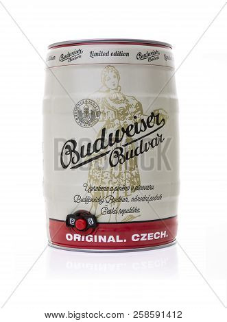 Swindon, Uk - September 9, 2018: Budweiser Budvar Keg Of Lager On A White Background
