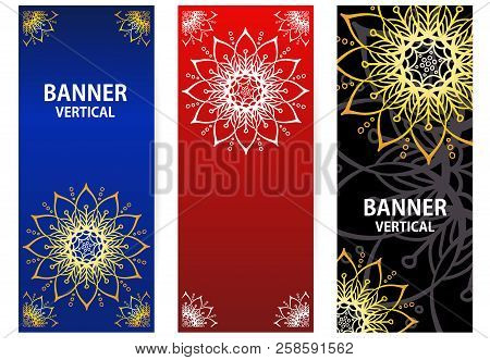 Golden Elements Of The Mandala On Dark Red, Blue And Black Backg