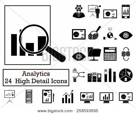 Set Of 24  Analytics  Icons. Monochrome Color Design. Vector Illustration.