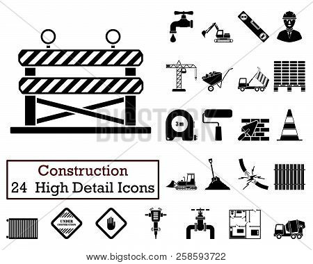 Set Of 24  Construction Icons. Monochrome Color Design. Vector Illustration.
