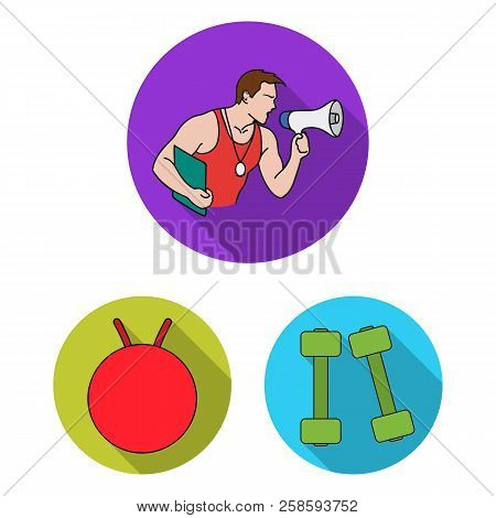 Fitness And Attributes Flat Icons In Set Collection For Design. Fitness Equipment Vector Symbol Stoc