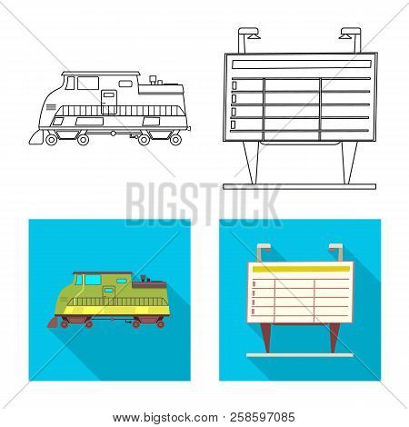 Vector Design Of Train And Station Symbol. Collection Of Train And Ticket Stock Symbol For Web.