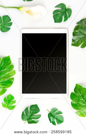 Vintage Tablet Mockup Flat Lay On Old Table Top Wood Background Texture Space Concept Workspace Offi