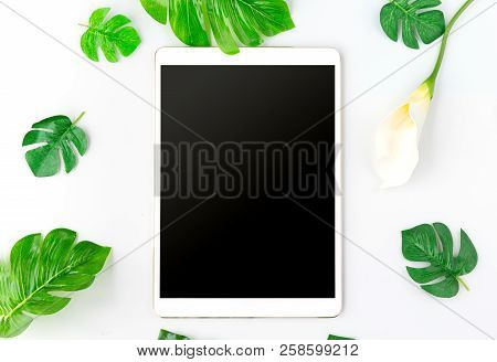 Vintage Tablet Mockup Flat Lay On Old Table Top Wood Background Texture Space Concept Workspace Offi