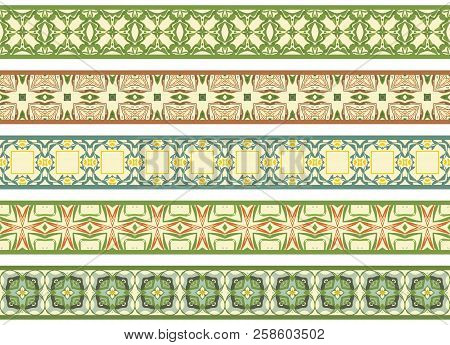 Set Of Five Illustrated Decorative Borders Made Of Abstract Elements In Beige, Green, Orange, Turqoi