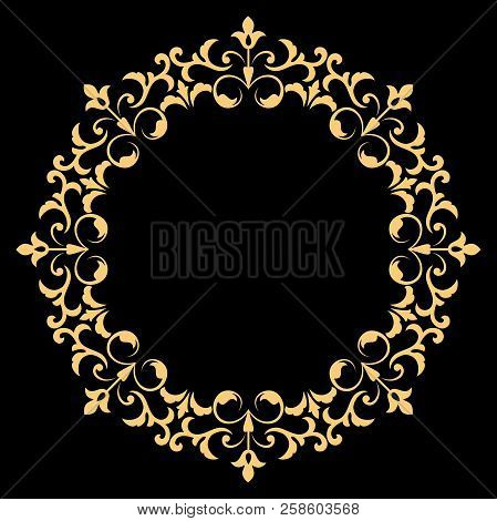 Vintage Round Frame In Retro Style, Barroco. Flower Decorative Gold Ornament, Element For Greeting C