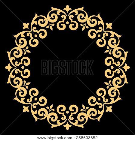 Vintage Round Frame In Retro Style, Barroco. Flower Decorative Gold Ornament, Element For Greeting C