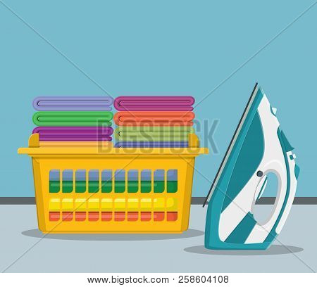 Plastic Basket With Bright Towels And Electric Steam Iron. Cloth Stack. Laundry Service Template Des