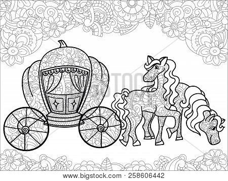 Carriage, Pumpkin And Horses. Transport For The King. Childrens Anti Stress Coloring Book Raster.