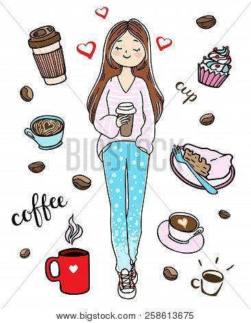 Girl With A Cup Of Coffee. Coffee To Go. Vector Illustration In Hand-drawn Style