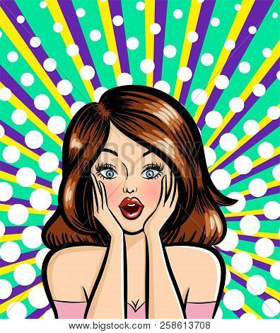 A Surprised Young Woman In Retro Pop Art Style. Vector Isolated Illustration.