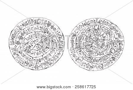 Greece, Crete. Phaistos Ancient Disk Sketch With Detailed Symbols